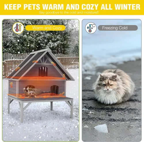 Vista 7 de Casa climatizada para gatos de 2 pisos, casa para gatos al aire libre, resistente a la intemperie, refugio para gatos con almohadilla térmica, forro