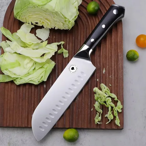 Vista 3 de Cuchillo de cocina Santoku de 7 pulgadas, cuchillo de chef japonés ultra afilado con mango de madera ergonómico, cuchillo de cocina profesional