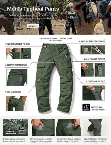 Vista 4 de CQR Pantalones tácticos para hombre, resistentes al agua, pantalones cargo Ripstop, ligeros EDC trabajo, senderismo, ropa para exteriores