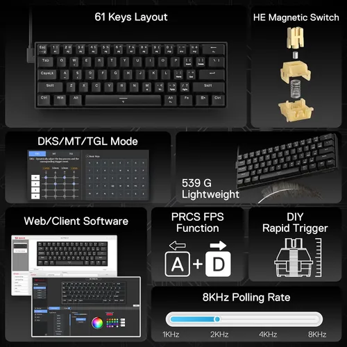 Vista 2 de Redragon K617 HE Teclado Gaming de Activación Rápida, 60% 61 Teclas Teclado Mecánico Cableado con Activación Hiper-Rápida, Interruptor Magnético