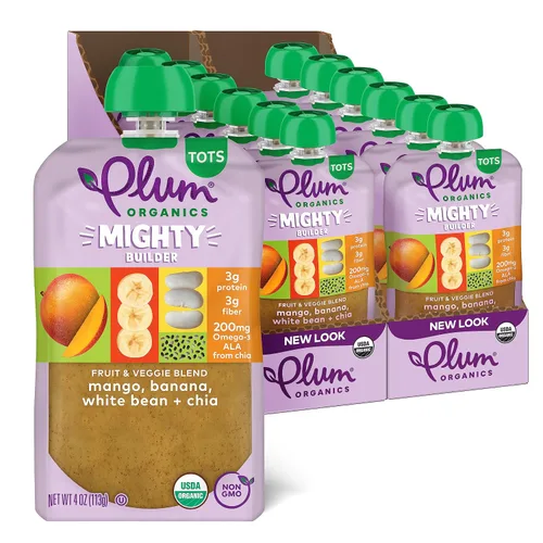 Vista 12 de Plum Organics Mighty Builder Alimento Orgánico para Niños Pequeños - Plátano, Frijol Blanco, Fresa y Chía - Bolsa de 4 oz (Paquete de 12) – Bolsa