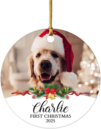Vista 14 de Impreso en EE. UU. Adornos de Navidad personalizados con foto de perro, adorno de árbol de Navidad con nombre y foto de cachorro personalizados
