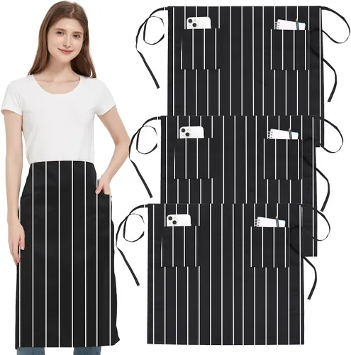 Vista 11 de Paquete de 3 delantales de cintura con 3 bolsillos, delantales de camarero unisex negros, delantales resistentes al agua para restaurante, chef y bar