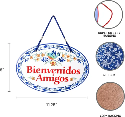 Vista 2 de Essence of Europe Gifts Letrero de cerámica tradicional latino de 8.75 x 6 pulgadas, letrero de bienvenida español con ilustraciones en relieve