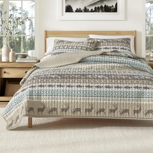 Vista 7 de Great Bay Home - Juego de 3 piezas de colcha reversible de estilo rústico de cabaña con 2 fundas decorativas de almohada, para todas las estaciones