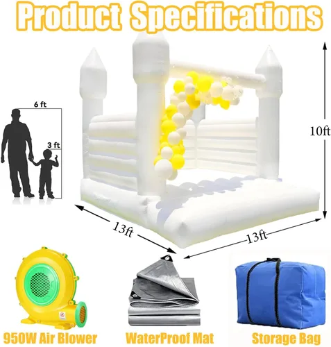Vista 5 de Castillo inflable blanco de rebote de 13 x 13 x 10 pies, gran casa hinchable de PVC con soplador para niños pequeños y adultos, interior o exterior