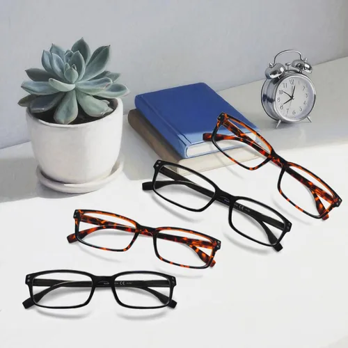 Vista 6 de Kerecsen Paquete de 4 Gafas de Lectura para Hombres y Mujeres con Bisagras de Resorte, Anteojos de Lectura Rectangulares Negros Ligeros