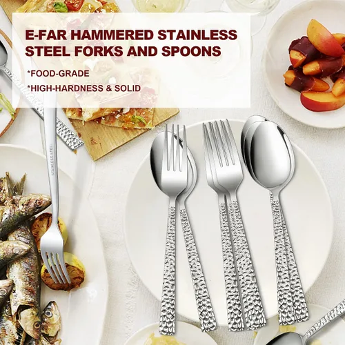 Vista 7 de E-far Juego de Cubiertos de 24 Piezas de Tenedores y Cucharas Martillados, Acero Inoxidable Cuadrado, 12 Tenedores de Cena y 12 Cucharas de Cena