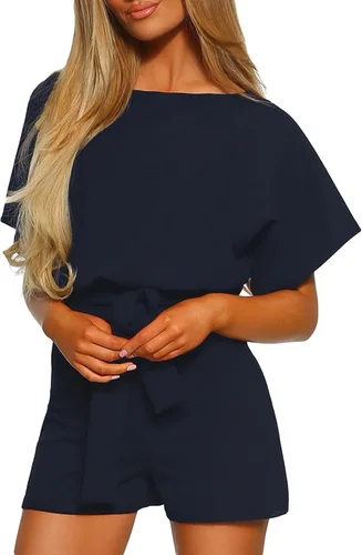 Vista 7 de Happy Sailed Enterizo de verano de manga corta con cinturón para mujer, pantalones cortos de pierna ancha