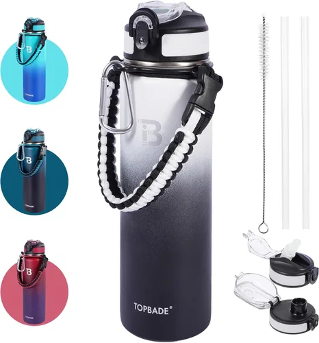 Vista 8 de TOPBADE Botella de agua aislada de 32 onzas con tapa de pajita, tapa de boquilla y mango de paracord, botella de agua de acero inoxidable de boca