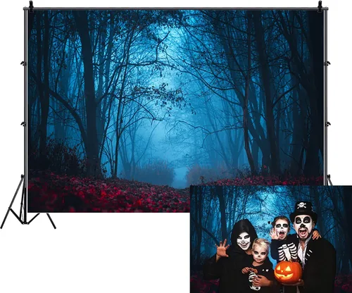Vista 9 de Misty Forest Backdrop Halloween Eve Dark Blue Fog Fall Autumn Maple Leaves Woods Background for Thanksgiving Party Photography Studio Photo Booth
