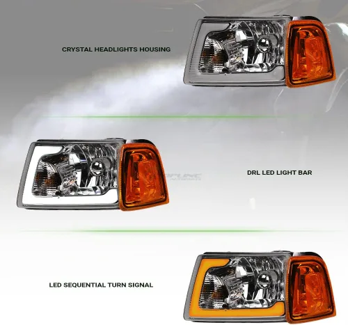 Vista 6 de Switchback - Barra de tubo LED secuencial con carcasa cromada, faros delanteros de cristal con lámparas de esquina de señal, reflector ámbar, 4