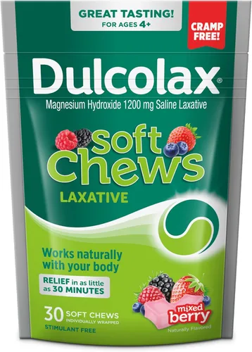 Vista 2 de Dulcolax Soft Chews - Laxante salino mixto de bayas (30 unidades) 1200 mg + laxante líquido Dulcolax sin estimulantes, cereza, 12 onzas