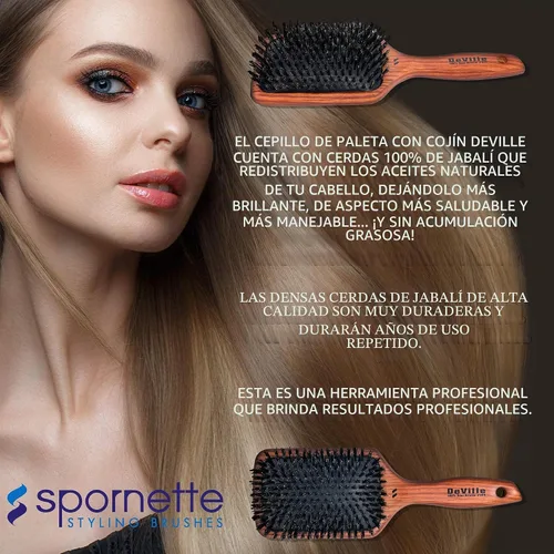 Vista 7 de Spornette Deville Cushion Paddle Brush - Cepillo de cerdas de jabalí con mango de madera, para alisar, alisar, desenredar, peinar y cepillar