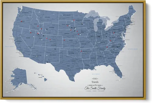 Vista 10 de Blue USA Map Poster with Pins – Cool Tone Personalized United States Travel Map Canvas – Large 24" x 36