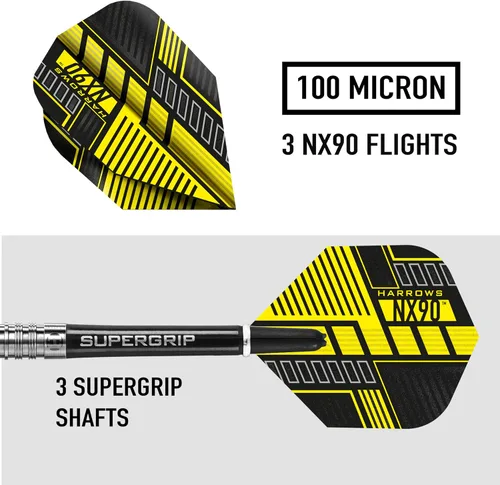 Vista 3 de Harrows NX90 - Juego de dardos de punta suave 90% tungsteno, 0.63 oz y 0.71 oz, incluye ejes negros Supergrip Midi y vuelos Micron NX90 - 0.63 oz