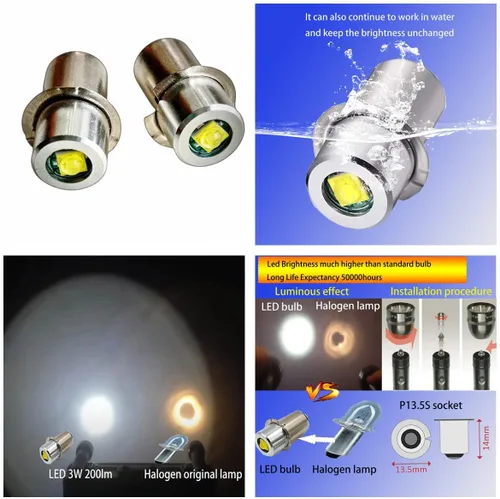 Vista 6 de Bombilla LED de repuesto para linterna 4CD, 4 celdas, 6-24 voltios, 18 voltios, 19.2 voltios, kit de conversión, linternas, bombilla, P13.5S PR2 3W