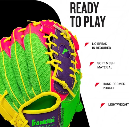 Vista 3 de Franklin Sports Guantes Meshtek + pelota para niños Púrpura/Rosa/Amarillo