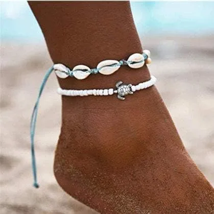 Vista 3 de Aluinn Juego de tobilleras de concha con capas de tortuga bohemia, pulseras de tobillo plateadas, cadena de pie de playa, accesorios de joyería
