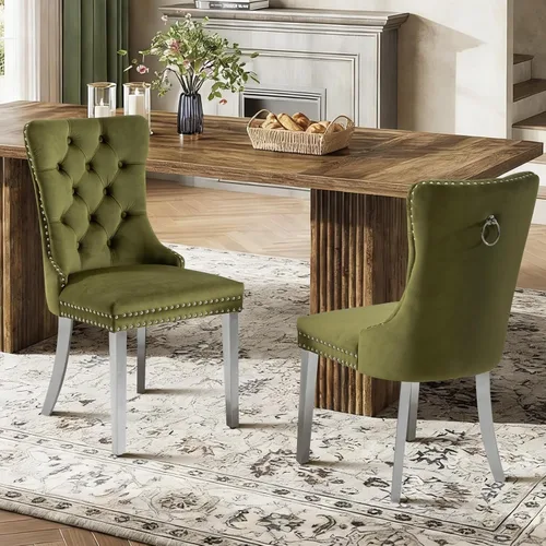 Vista 133 de Juego de 2 sillas de comedor de terciopelo con patas de madera, color beige Mid Century Modern Dining Chairs,Upholstered Chairs with Nailhead