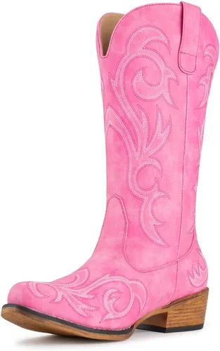 Vista 10 de IUV - Botas de cowboy para mujer, botas vaqueras a media pantorrilla, botas de vaquera con punta puntiaguda, botas occidentales B-Rojo