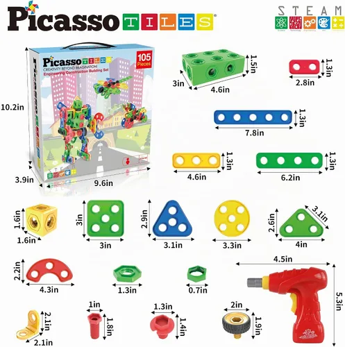 Vista 8 de PicassoTiles STEM - Juguetes de aprendizaje de 105 piezas, juego de bloques de construcción para niños, kit de ingeniería de construcción, bloques
