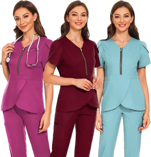 Vista 6 de VIAOLI Conjunto de ropa quirúrgica para mujer con cremallera, conjunto médico de enfermería y pantalón de enfermería, diseño moderno y sexy