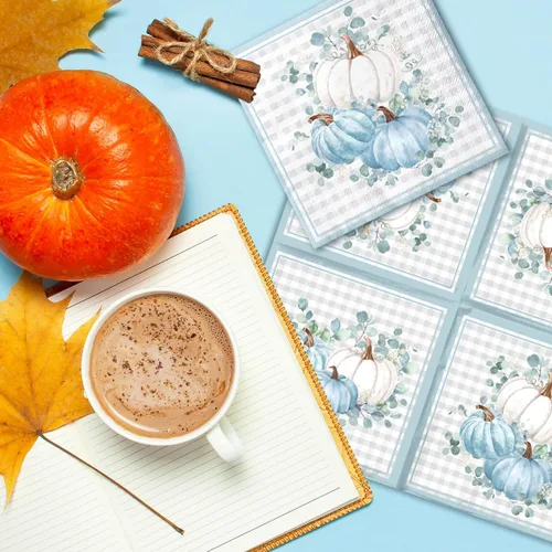 Vista 2 de 40 servilletas de calabaza azul, cosecha de otoño, Acción de Gracias, servilletas de papel desechables de acuarela de calabaza azul para decoración