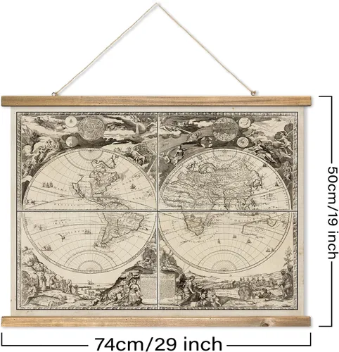 Vista 2 de XIAOAIKA Tapiz de Mapa del Viejo Mundo - Póster de Carta Náutica Vintage con Marco de Madera, Arte Clásico de Exploración Marítima, Colgante