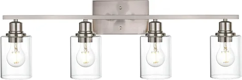 Vista 7 de Lámpara de pared de 3 luces de níquel cepillado de metal, lámpara de tocador de interior con pantalla de vidrio transparente, accesorios
