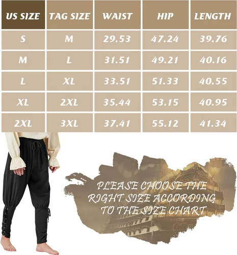 Vista 5 de Pantalones piratas para hombre, con banda de tobillo, pantalones renacentistas medievales, vikingos, pantalones de navegador, disfraz de Halloween