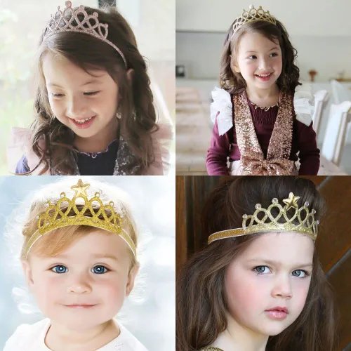 Vista 3 de DonLeeving Paquete de 6 diademas de tiara con purpurina para niñas, bandas elásticas para el pelo de princesa para niños pequeños
