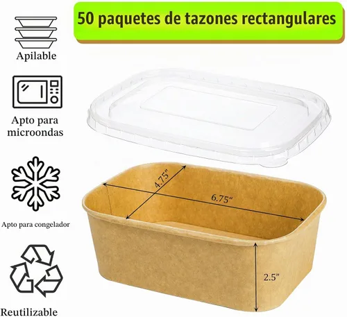 Vista 2 de Yesland Paquete de 50 cuencos rectangulares de papel kraft compostables, 25 onzas, aptos para microondas y congelador, reutilizables, perfectos