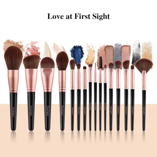 Vista 6 de Juego de 16 brochas de maquillaje sintéticas de alta calidad con brochas de base profesionales, correctores de polvo, sombras de ojos, rubor Negro