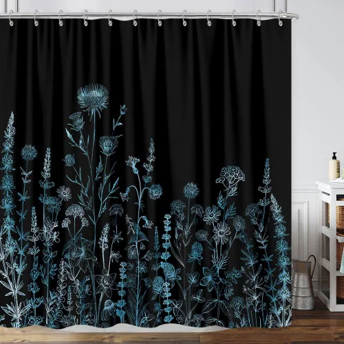 Vista 28 de Cortina de ducha de mariposa floral negra y dorada, cortina de ducha bohemia con diseño botánico de flores oscuras para baño con gancho, juego