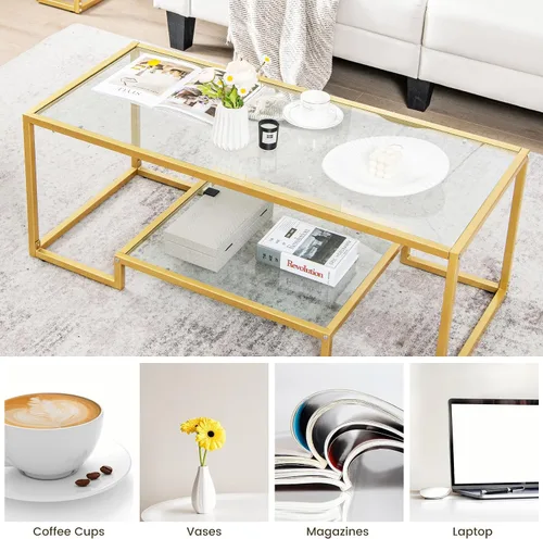 Vista 8 de COSTWAY Mesa auxiliar de cristal de 45 pulgadas, mesa decorativa rectangular de 2 niveles con estante de almacenamiento y marco de metal dorado