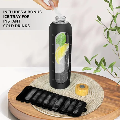 Vista 4 de Botellas de agua de vidrio de 32 onzas, botella de agua motivacional de vidrio con funda de silicona, popote y 2 tapas de bambú, vaso de admisión 1