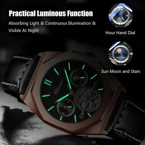 Vista 4 de RORIOS Reloj mecánico automático para hombre con correa de piel cuerda automática Tourbillon