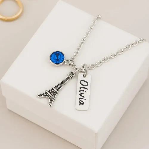 Vista 7 de Collar personalizado de la torre Eiffel, piedra natal personalizada con nombre grabado en la torre Eiffel, colgante de torre Eiffel para mujer