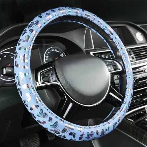 Vista 6 de CAR-GRAND Funda de Cuero para Volante, Doble Capa con Diseño de Estrellas con Ribete, Protector Universal de Rueda de Auto de 14.5-15 Pulgadas Negro
