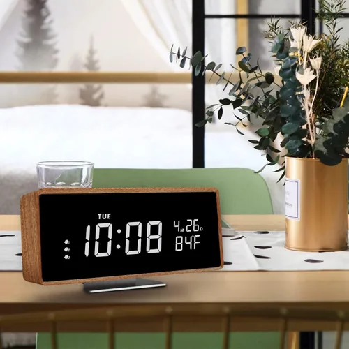 Vista 7 de Reloj despertador digital de madera con altavoz Bluetooth, fecha de temperatura, relojes digitales eléctricos inteligentes, relojes de noche con luz