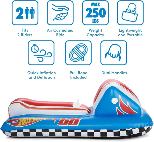 Vista 7 de FUNBOY & Barbie 50" Kids Inflatable Skimobile Winter Snow Sled, 1-2 Riders with Grooved Rubber Base Tracks Azul