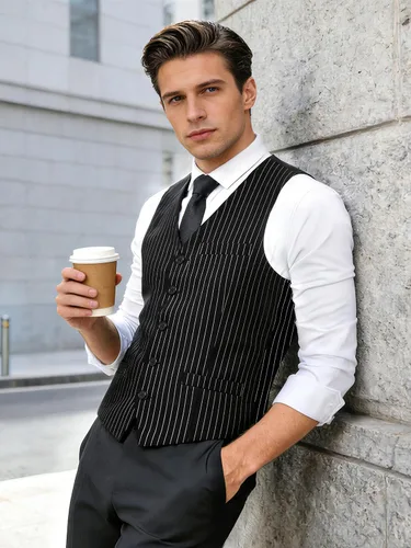 Vista 3 de BABEYOND Chaleco de traje para hombre, chaleco ajustado, chaleco de vestir de negocios para traje de esmoquin Rayas negras