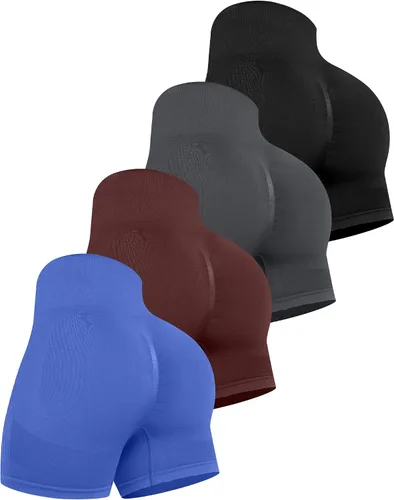 Vista 6 de CHRLEISURE Pantalones Cortos de Entrenamiento para Mujer, 4 Paquetes, Cintura Alta, Levantamiento de Glúteos con Fruncido, Pantalones Cortos Booty