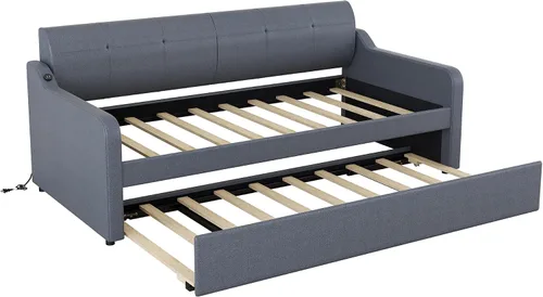Vista 6 de Sofá cama individual con nido, sofá cama de tapicería con diseño de carga USB, nido puede ser plano o erigido, gris