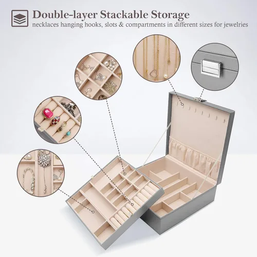 Vista 3 de ProCase - Joyero grande de cuero con dos niveles para organizar aretes pulseras anillos relojes para mujeres niñas regalo ideal para novia o esposa