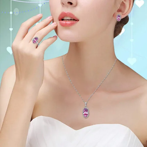 Vista 2 de Uloveido Juego de collar con colgante de gota de cristal de forma ovalada aretes y anillos joyería de boda para novias cumpleaños aniversario T482