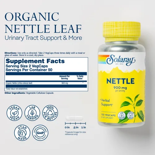 Vista 2 de SOLARAY Ortiga 900 mg - Suplemento orgánico de hoja de ortiga - Soporte para riñón, urinario y próstata - Uso tradicional para respuesta a alergias