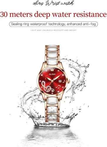 Vista 6 de OLEVS Reloj de pulsera para mujer, oro rosa, elegante, de cerámica, para mujer, de cuarzo, acero inoxidable, impermeable, luminoso