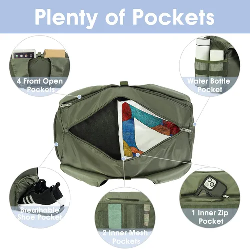 Vista 3 de Bolsa de gimnasio para mujer con compartimento para zapatos y bolsillo húmedo con soporte ajustable para esterilla de yoga, Verde militar, Moda